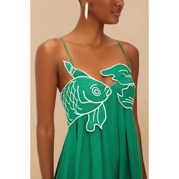 FARM RIO Women's Green Fish Top Lenzing Ecovero Euroflax Maxi Dress Size L - Picture 2 of 9